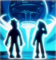 Twee silhouetten (Ruimtewezens?) staan voor de Anomalonian Archives: een enorme bolvormige structuur, zwevend in de achtergrond.