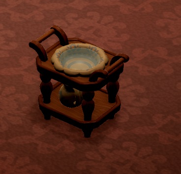 Het Antique Basin is een houten karretje, met middenin een porceleinen waterbak.