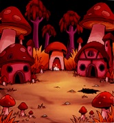In een nachtelijk bos staan drie paddenstoelenhuisjes. Op de achtergrond staat links en rechts telkens één hoge paddestoel. De voorgrond wordt ingenomen door zes mini-paddestoelen (drie aan elke kant). De paddestoelen zijn rood met witte stippen en ze hebben een witte steel.