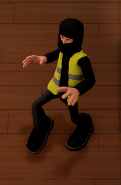 Een sluipende Artnapper, helemaal in het zwart gekleed (tot de bivakmuts toe), en met een geel waarschuwingsvest aan.