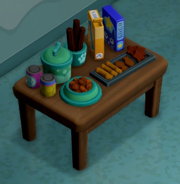 Op een houten tafel staan diverse dierensnacks en -koekjes. Enkele koekjes liggen zelfs in een voederbak.