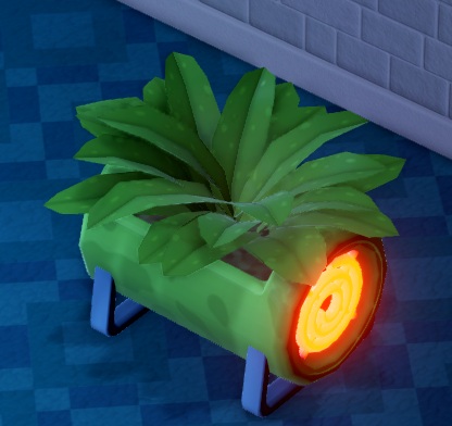 Een ronde verwarmer - het verwarmelement is rechts zichtbaar - gecamoufleerd met een (plastic?) plant.