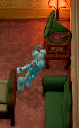 Captain Alternate Yesterday zweeft rond in zijn Polterguest Room. Rechts staan, van boven naar beneden: een Lamp, een Grammofoon en een Sofa. Links is het voeteneinde van een Bed zichtbaar.