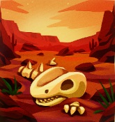 Een woestijn in de avondzon, met een Dinosaurusschedel op de voorgrond. Op andere plaatsen steken diverse Dinosaurusskeletonderdelen uit de grond.