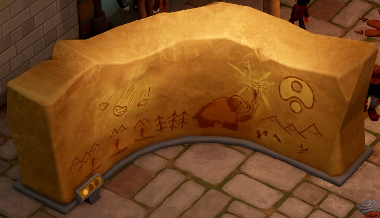 Een stenen muur die een bocht van negentig graden maakt. Op de muur staan afbeeldingen van vallend voedsel, evenals een vreemd symbool.