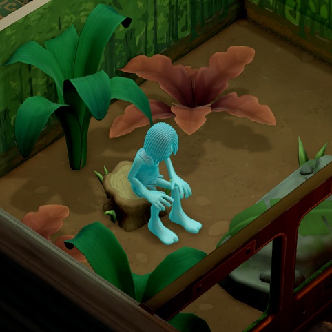 Een Holbewoner-Spook zit op een boomstronk in zijn Polterguest Room, omringd door twee rode en twee groene planten. Een stenen Bed is rechts te zien.