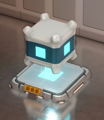 De Vierkantige Celestial Cell is een grijze kubus, met op elk van de vier verticale zijvlakken een lichtblauw verlicht vierkant.