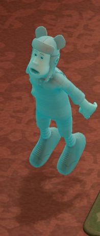 De Geest van een Cheeseball-speler zweeft rond. Hij draagt een typische Cheeseball-helm met 'muizenoortjes'. De Geest heeft een verbaasde uitdrukking op het gezicht.