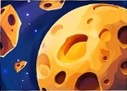 Een planeet, gemaakt van gaatjeskaas, zweeft in de Ruimte, omringd door brokken gaatjeskaas.