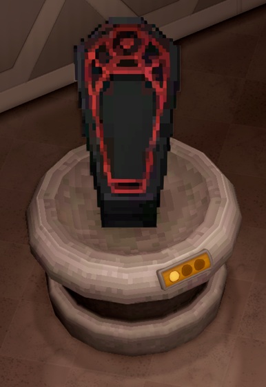 Op een ronde, stenen sokkel staat een zwarte doodskist met rood inlegwerk, opgebouwd uit tweedimensionale pixelblokken.
