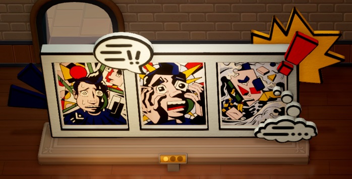 Dit Schilderij is een driedelig stripverhaal. Op het linkse paneel staat een zwetend mannengezicht, omringd door vlakke figuren. Op het middenste paneel roept het gezicht (er staat een tekstballon met enkele horizontale lijnen en twee uitroeptekens bij) terwijl het gezicht rechthoekige en vierkante vormen aanneemt; op het rechtse paneel is de transformatie compleet. Een rood uitroepteken en een gele, hoekige tekstballon sluiten het werk rechtsbovenaan af.
