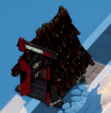 In de sneeuw staat een Toilethokje, gemaakt uit hout, met een puntdak. De rode, dubbele deuren staan open. Boven de deuren staat een rood/wit bord zonder opschrift.