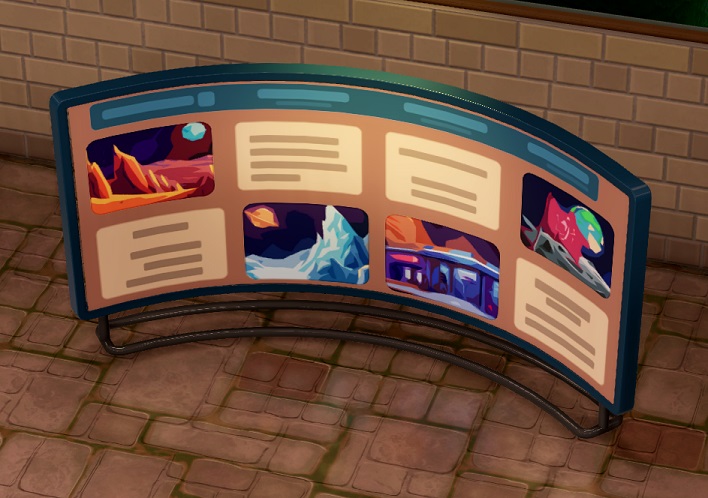 De Curved Info Stand is een groot, gebogen Informatiebord. Het Infobord op de foto heeft de Ruimte als thema, en bevat acht vakken: vier vakken bevatten tekst, de vier anderen bevatten een afbeelding van een landschap op een andere planeet.