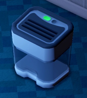 De Dehumidifier is een doorzichtige bak, met bovenaan drie gleuven voor de lucht. Een groen lichtje geeft aan, dat het toestel werkt.