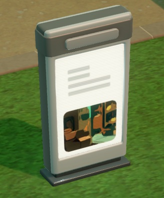 Een Digital Info Stand; aan de horizontale strepen op het Infobord (moeilijk te zien op de foto) is te merken dat het hier eigenlijk om een scherm gaat. Op het bord/scherm staat bovenaan een tekstblok en onderaan een afbeelding.