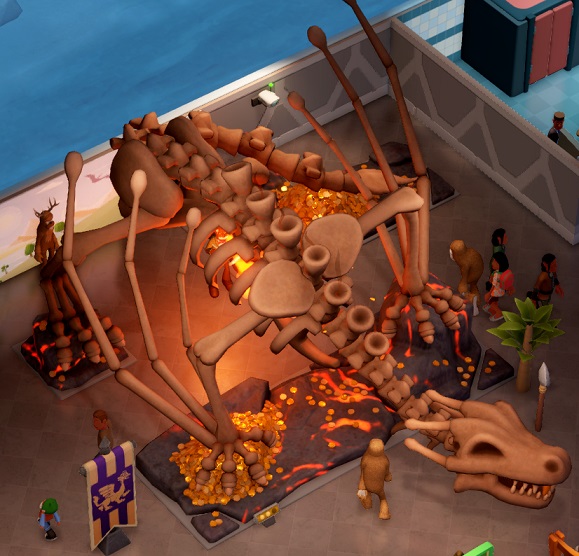 Het geraamte van een gevleugelde draak, van bovenaf bekeken. In de ribbenkast brandt vuur. De draak staat op een stenige bodem met hier en daar een hoop geldstukken.