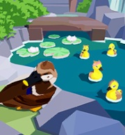 Een Eendenvijvertje met rechts vier gele kuikens en links een volwassen Eend. Middenin het vijvertje zijn waterlelies en een bruggetje te zien.