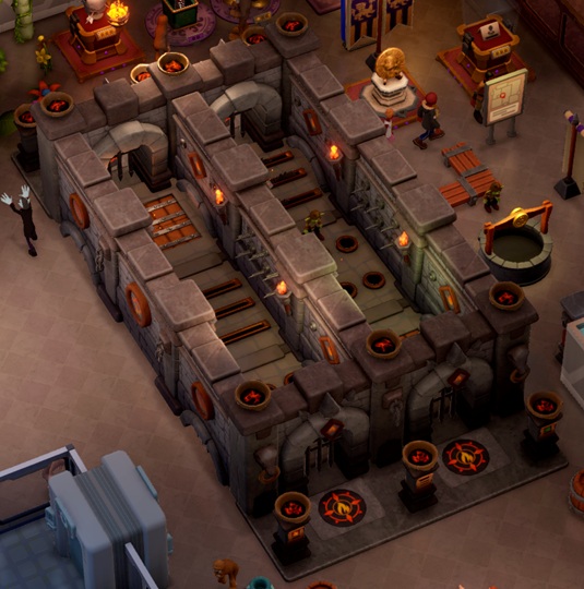 De Dungeon Leaper bestaat uit twee parallelle, ommuurde hindernisbanen, met valstrikken als speren, lavapoelen en cirkelzagen (!). Rechts doorloopt een Goblin het parcours.
