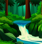 Een riviertje stroomt doorheen een bos. Middenin de foto overbrugt de rivier een kleine waterval.