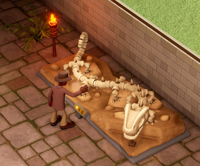 Een Prehistory Expert stoft het tienpotige skelet van een Tapraptor af. Bovenaan zijn een brandende toorts en een varen zichtbaar.