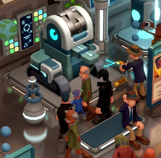 Terwijl een Ruimte-Expert op de voorgrond uitrust op een bankje, voert een andere Expert onderhoud uit aan een Ruimte-Anomalie. Verschillende Bezoekers (een Frogborne, twee Goths, een Kind en twee Professoren) lopen voorbij.