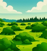 Een groene grasvlakte, hier en daar met struiken begroeid, onder een blauwe lucht met links en rechts een wolk. In de verte ligt een dennenbos.