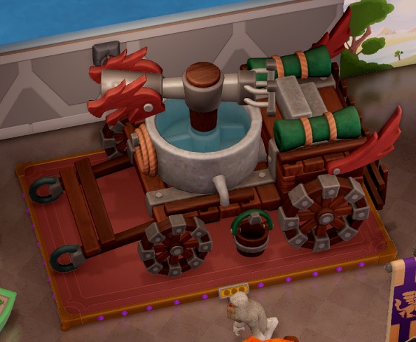 Een Middeleeuwse brandweerwagen is een houten kar met een rond waterbekken in het midden. De 'spuit' staat in het midden van het bekken en heeft een drakenkopversiering aan het spuitende eind. Achteraan de kar staat een houten kist, met aan iedere kant een groene 'toeter' (mogelijk een sirene?), versierd met een drakenstaart. Voor het Museumstuk loopt een Yeti voorbij.