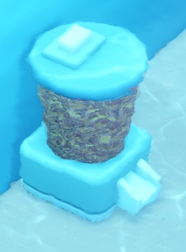 De Flake Food Dispenser is een lichtblauw voedertoestel, met bovenaan een doorzichtig vat dat het voer bevat.