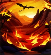 Een heuvellandschap staat in brand. Op de achtergrond is het silhouet van een vliegende draak te zien.