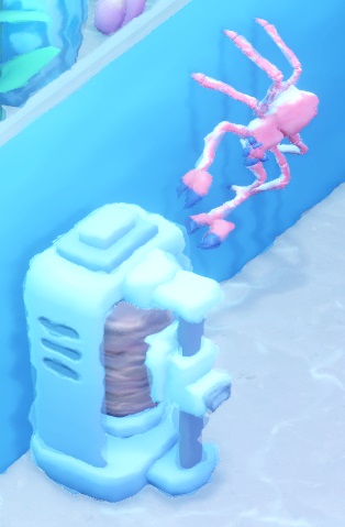De Fresh Food Dispenser lijkt op een vleespin uit een kebabkraam. Rechts van de Dispenser zit een Spider Crab tegen de Aquariummuur.