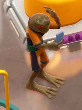 Een Frogborne-bezoeker (een enorme antropomorfe Kikker) bekijt zijn smartphone.