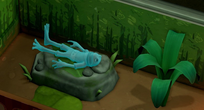 Een Frogborne-Spook ligt op een stenen bed in zijn Polterguest Room. Rechts staat een plant.