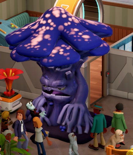Een Fungal Maw is een enorme paarse paddenstoel met een gezich vooraal op de steel. Diverse Bezoekers en een Space Expert lopen vooraan voorbij.