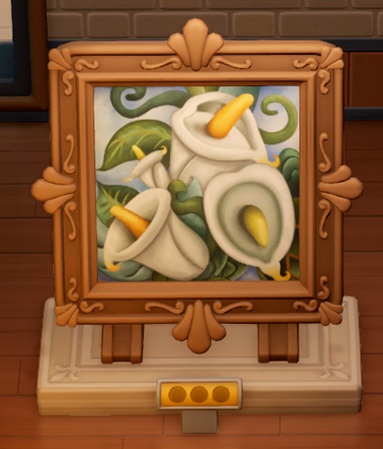 Een schilderij van vier witte 'Flagon Fruit'-(beker)planten, omringd door stengels en bladeren.