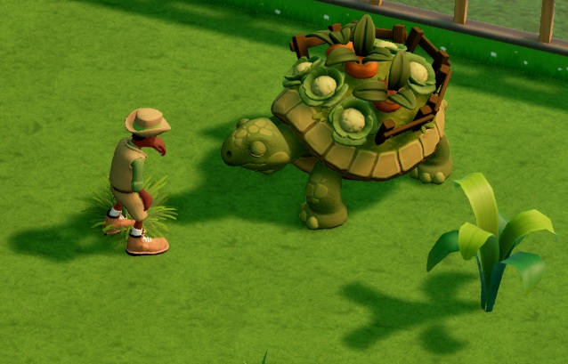 Een Gardener Turtoise naast een Wildlife Expert (links) en een plant (rechts). Op de rug van de Schildpad groeien bloemkolen en voederbieten, keurig in rijen. Achteraan op het schild staat een houten hekafsluiting.