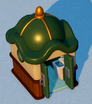 Een Toilethokje met groen kiosk-dak. De groene, dubbele deuren staan open; binnenin is een spoelbak te zien.