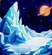 Een ijslandschap op een donkere sterrenlucht, met een scherpe ijsrots. In de lucht is een planeet-met-ring te zien.