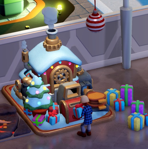 De Gift Giver ziet eruit als een Kersthuisje met besneeuwd dak en twee rokende schouwpijpen. Het huisje wordt omringd door ingepakte cadeautjes en een versierde Kerstboom; namaaksneeuw ligt op het toestel. Vooraan staan een 'brievenbus' en een doorgeefbuis; een Bezoeker heeft net via deze buis een cadeau gekregen.