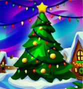 Een grote, versierde Kerstboom staat op een pleintje; rondom de boom staan huisjes. Het Noorderlicht cirkelt in de lucht in het rond.
