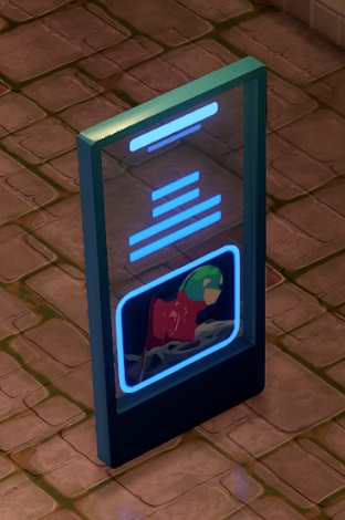De Glass Info Stand is een doorzichtige glasplaat, met ruimte voor een afbeelding en wat tekst. Deze Glass Info Stand geeft informatie over de Ruimte en toont dan ook een afbeelding van een maanlandschap-met-vlag, en de Aarde half zichtbaar op de achtergrond.