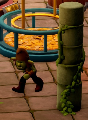 Een Goblin loopt langs een Donatiebox en een Wijnrank-decoratie. De Goblin heeft een groene huidskleur, en draagt bruine kleding, waaronder een bruine, smurf-achtige puntmuts.
