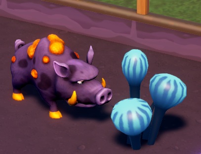 Een Golden Truffle Pig lijkt op een paars Everzwijn, met goudgele wratten, slagtanden en nagels. Deze Golden Truffle Pig besnuffelt drie blauwe paddestoelen.