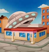 Een typisch Amerikaans Wegrestaurant waar boven een enorme Vliegende Schotel uit het dak steekt - ter versiering, of een échte UFO?