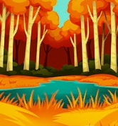 Een rivier aan de rand van een bos. Op de voorgrond is lang gras te zien; de achtergrond wordt gevormd door de witte stammen en oranjerode kruinen van de bomen.
