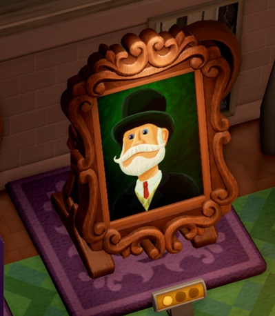 Een groot Portrait van Jacques O'Phantom. Jacques draagt een zwarte, hoge hoed en hij heeft grijs haar, een grijs baardje en een grijze snor.