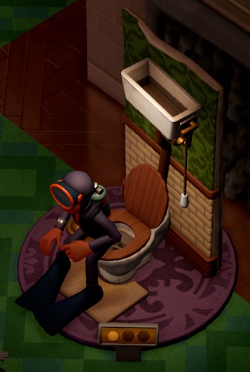 Een Marine Life Enthusiast probeert het Haunted Toilet (met de spoelbak nog ouderwets boven de pot) uit door erop te gaan zitten.