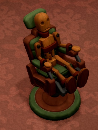 Op een bruine stoel werd een houten pop vastgegespt. De pop heeft een ongelukkige gelaatsuitdrukking.