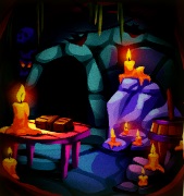 Een donker schuilhol, verlicht door talrijke kaarsen. Twee vleermuizen hangen ondersteboven aan het plafond. Links gloeien twee boosaardige ogen op uit het duister. Op de voorgrond staat links een houten tafel met een geldkistje en een grote kaars erop.