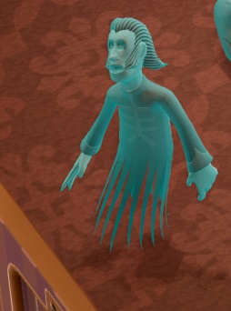 Een Hellhole Henchman in zijn Polterguest Room. Het Spook heeft bakkebaarden op het gezicht en een skeletachtige tekening op het lichaam.