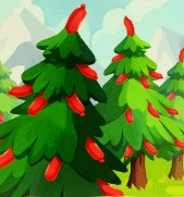 Drie naaldbomen naast elkaar. In de bomen groeien hotdog-worstjes - het zijn 'Wiener Trees'.